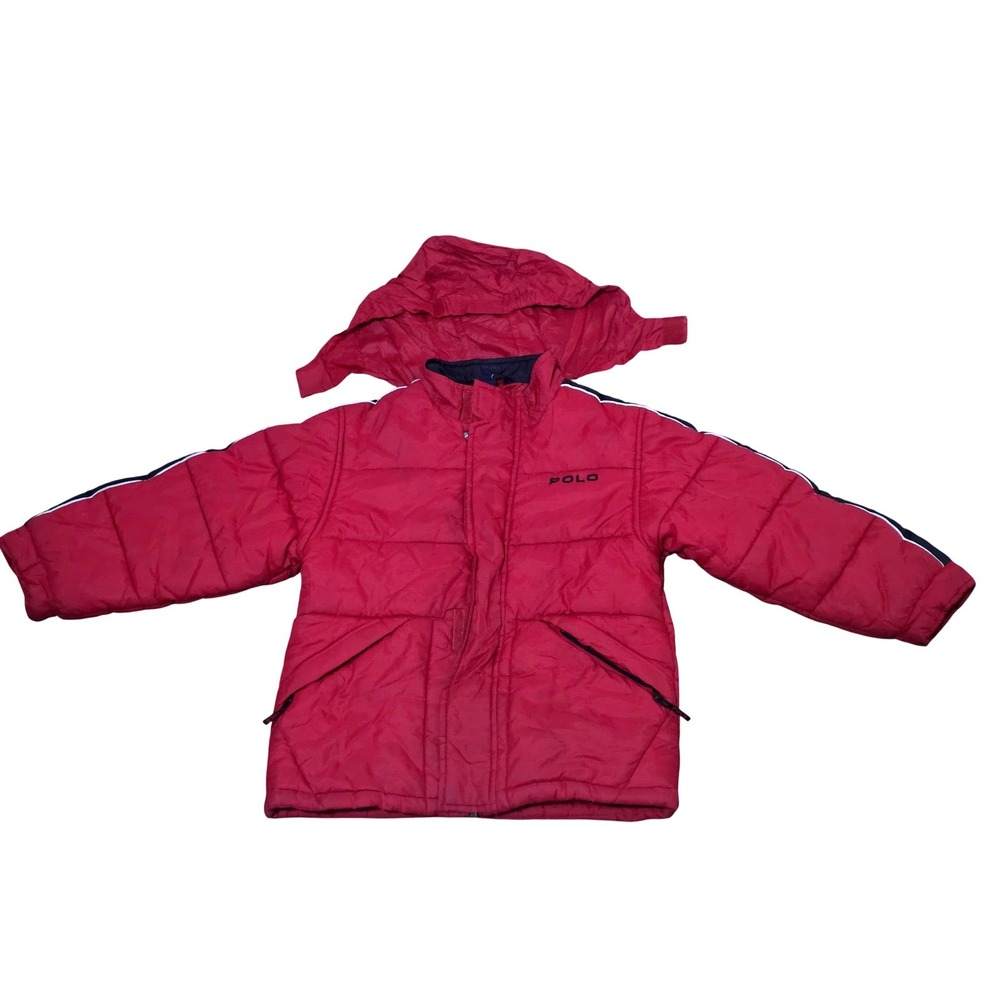 Polo Sport Ralph Lauren Boys Red Puffer Jacket Detachable Hood Size 7 Vintage